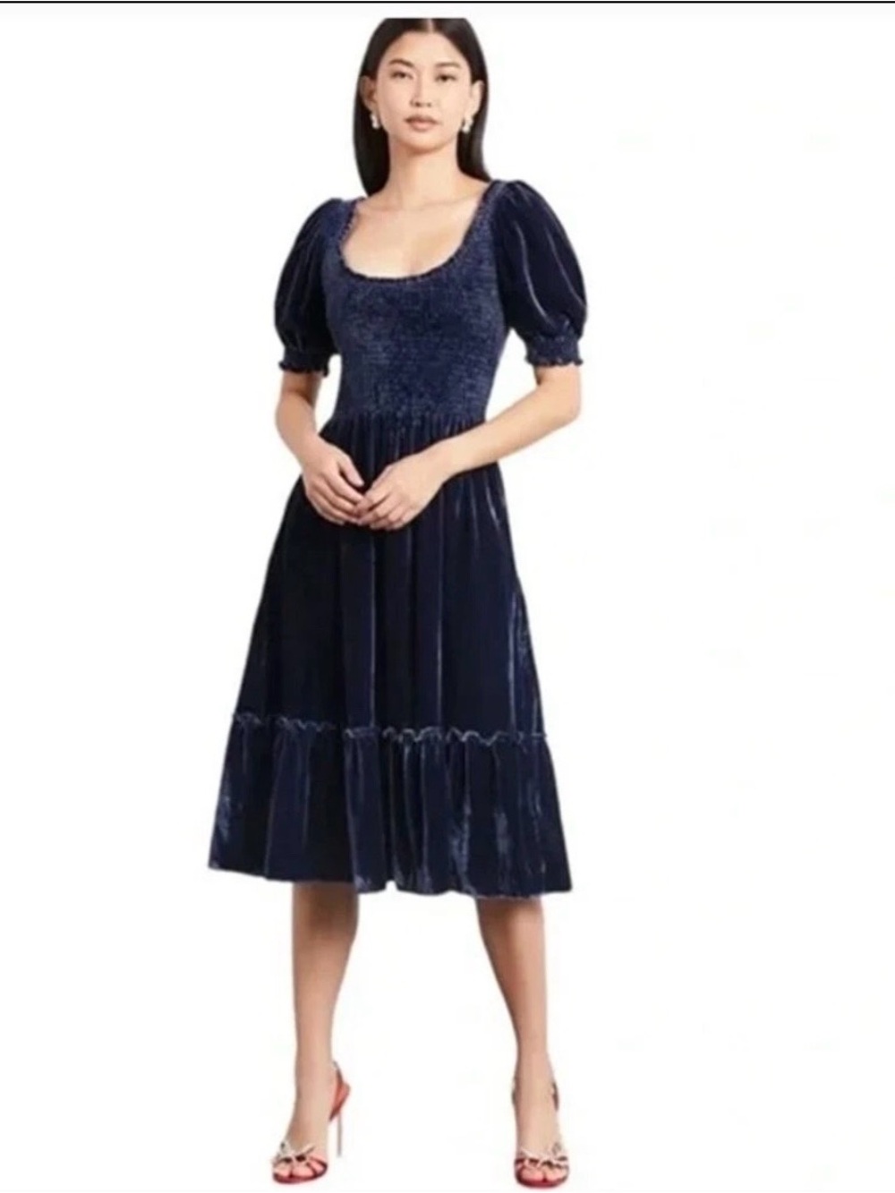 Hill House Louisa Nap Dress Navy Blue Velvet Pull Sleeve Tiered Size Small *EUC*